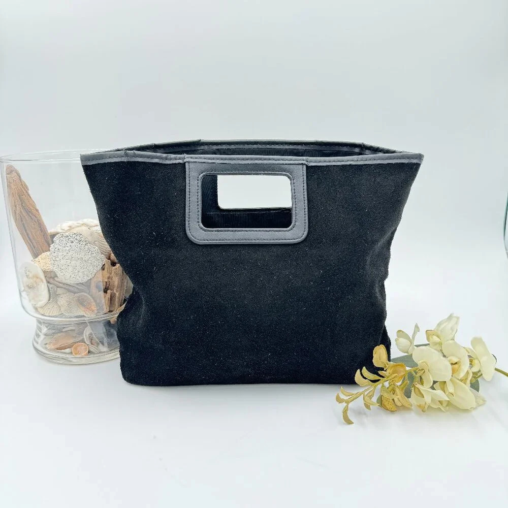 Lillian Vernon Black Suede Square Handle Handbag Purse Bag